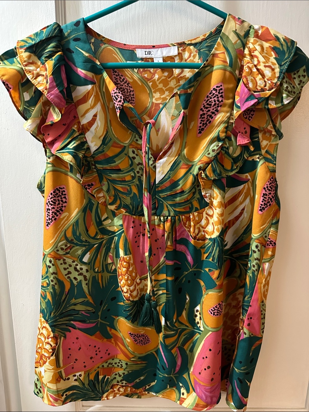 DR2 Tropical Fruit Ruffle Sleeve Blouse in Green, Mustard & Pink